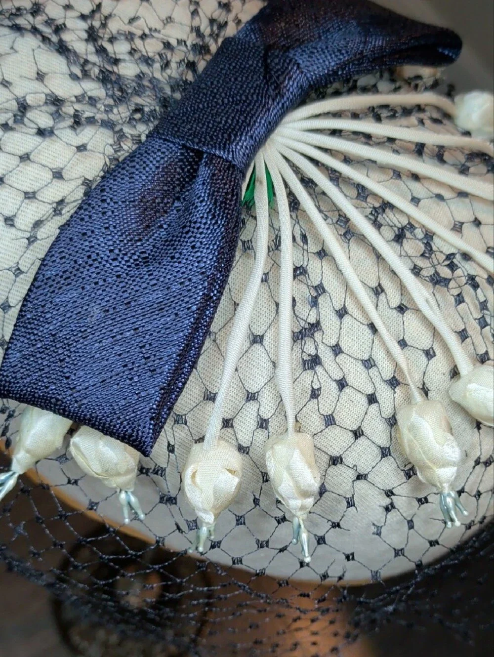 Vintage 60s Navy Blue Bow Veil Hair Fascinator w/ Draping Rose Buds MCM